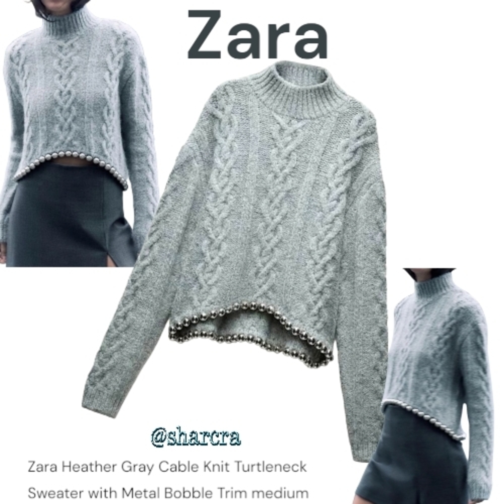 Zara Women's Cable Knit Mock neck  Grey Sweater Silver Metal Bobble Trim Sz Med